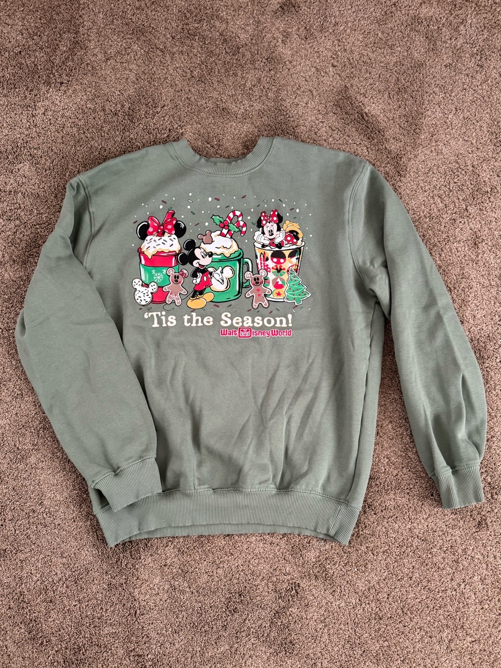 Disney Olive Green Holiday Crewneck Sweatshirt with Mickey & Minnie Graphic